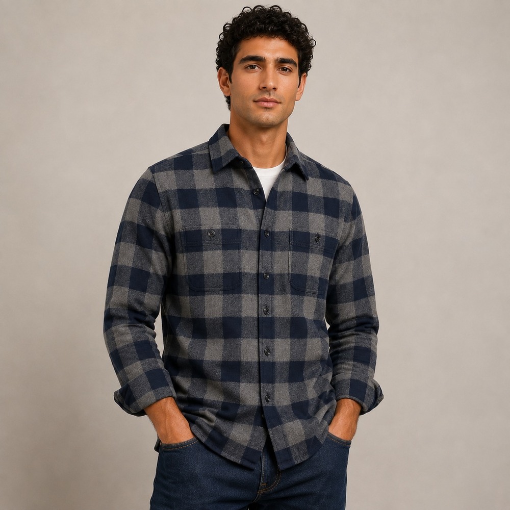 J.Crew Classic Mid-Weight Flannel Men's Shirt Navy Gray Brushed Cotton L
